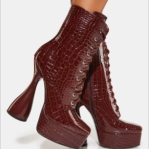 AZALEA WANG Vegan Leather Croc Platform Lace Up Ankle Boots